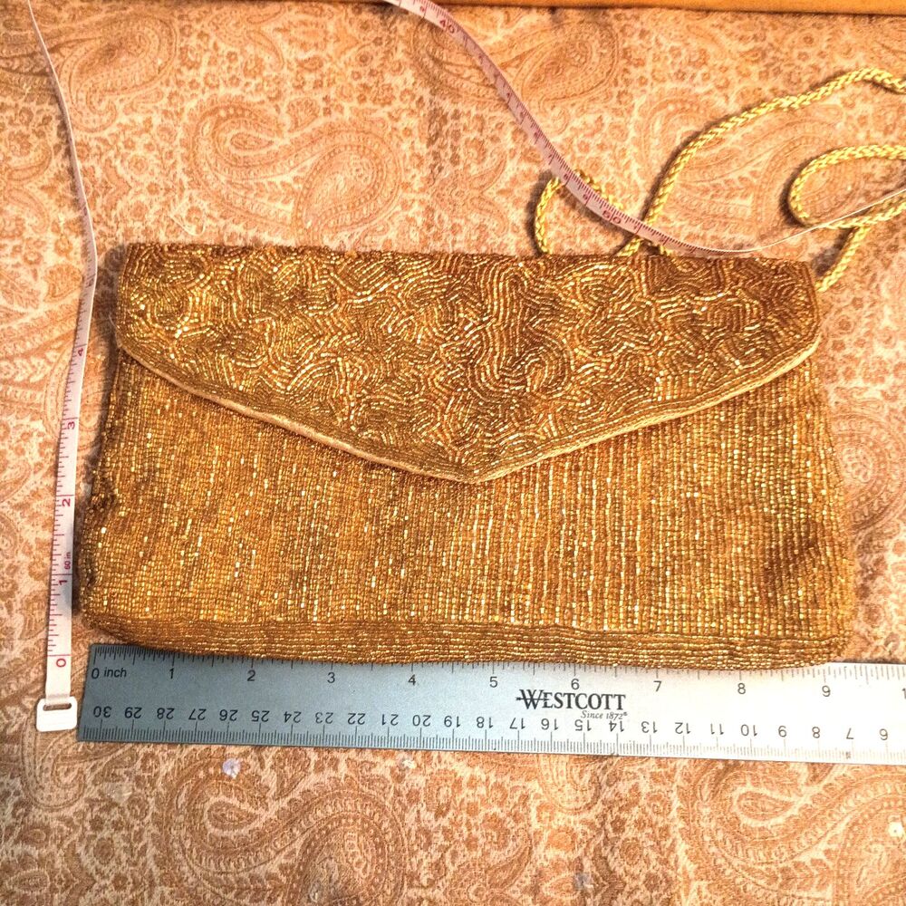 Valerie Stevens Gold Beaded Evening Clutch Bag Braided Strap Cocktail Purse VTG